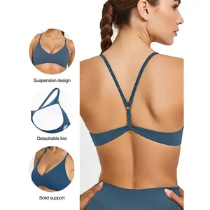 Women's naked sloping back bra with padded design, sports bra, yoga suit jacket, sexy backless bra, training bra, quick drying backless Y-shaped naked skin friendly sports vest, professional fitness training yoga suit, fitness bra