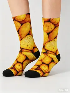 1 Pair Potato Print Funny Socks, Look Like a Walking Couch Potato, Comfortable Bamboo Socks, Perfect Gift for Foodies, French Fries Lovers, Mashed Potatoes Meme Style, Yummy Novelty Crew Socks, Perfect Present for Foodies