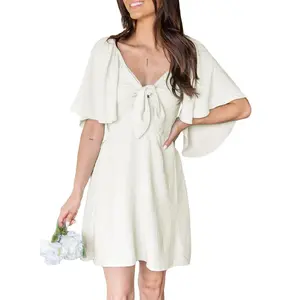 Dokotoo Womens Dresses 2026 Spring Summer Deep V Neck Elegant Bow tie Mini Dress S-XL