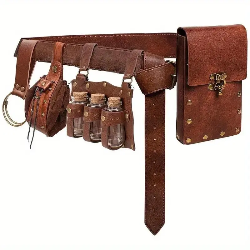 5 Piece Set Vintage Medieval Viking Belt Pouch, Halloween Costume Steam Punk Phone Bag, Retro Potion Bottle Waist Pack, Bum Bag, Side Pouch, Waist Belt Pocket, Belt Bags