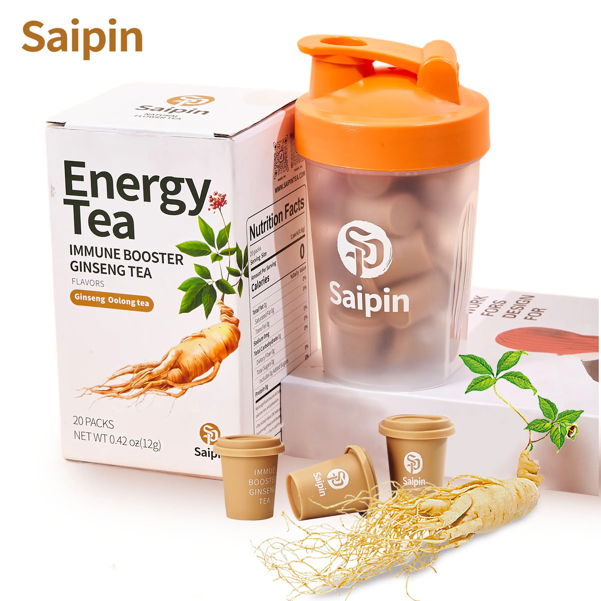 SAIPIN Organic Fresh Ginseng Herbal Tea - Freeze-Dried Natural Drink Caffeine-Free Vegan Non-GMO Sugar-Free Energy & Immune Support Compact Portable D