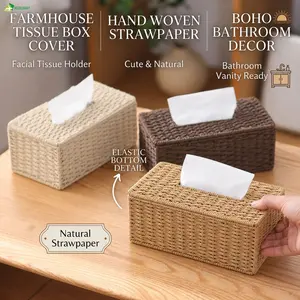 Farmhouse Tissue Box Cover, Hand Woven Strawpaper Facial Tissue Paper Holder, Cute Tissue Box Holder, Boho Bathroom Decor Box , Tissue Holders for Bathroom Vanity, Natural