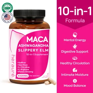 HerAuré Maca & Ashwagandha 10-in-1 Formula  – Slippery Elm, Saffron & Sea Moss – Mental Energy,Digestion,Moodbooster, Moisture,Relaxation, Bliss,Healthcare,Fitness-30 Servings