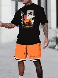 Men's streetwear style Casual "Los Angeles City of Angels" Tropical Palm Tree Graphic Two-Piece Set, Beach Streetwear T-Shirt and Shorts Set, Summer Vacation Fashion, West Coast Style, Daily Wear, Beach & Party Outfit, Perfect Gift for Him