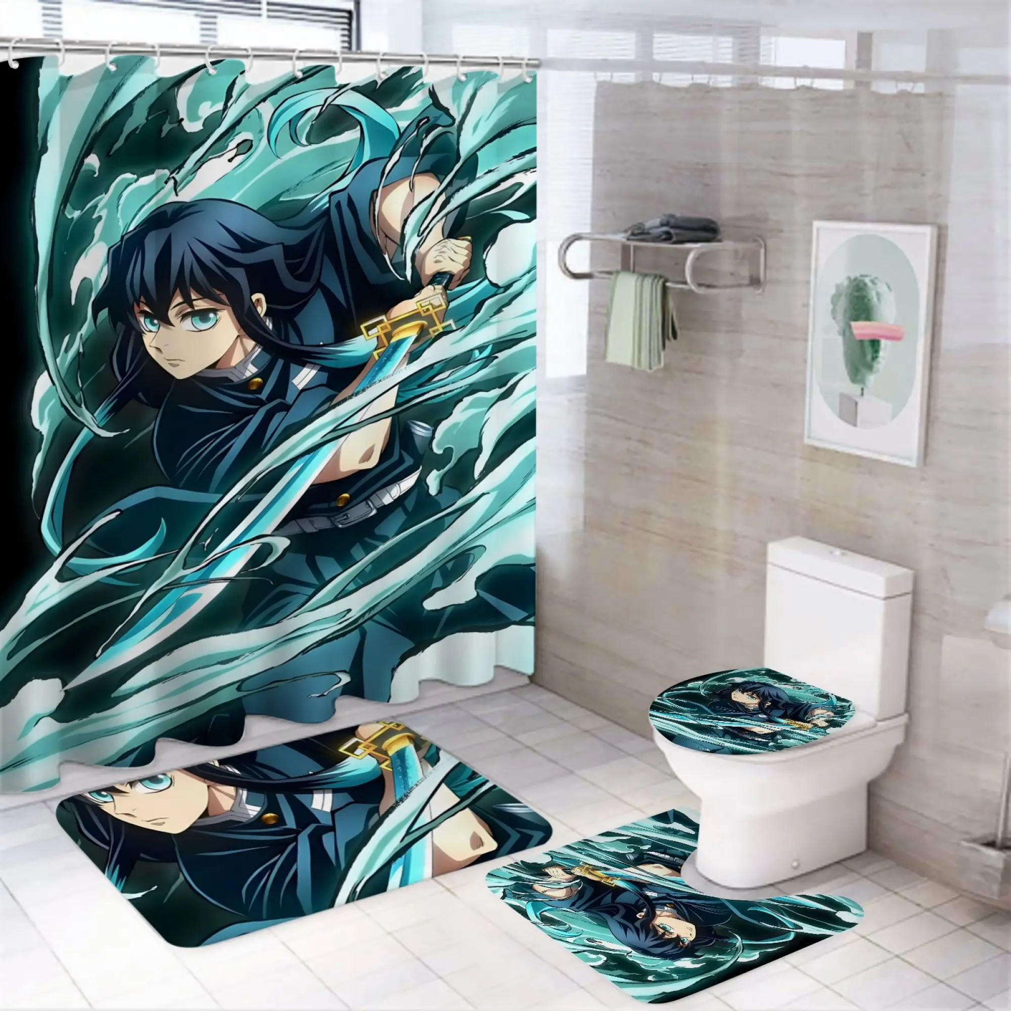 Demon Slayer Muichiro Tokito 4Pcs Bathroom Set, Waterproof Shower Curtain Non Slip Bath Mat Toilet Seat Cover, Anime Bathroom Decor