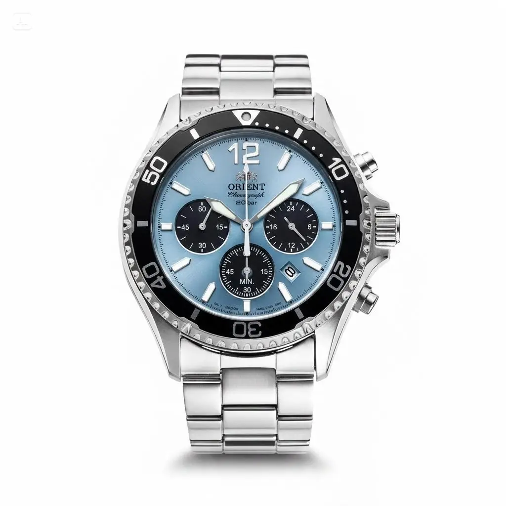 Orient Men's Chronograph Watch, 200M Water Resistant, Black Dial, Stainless Steel Bracelet, Luminous Hands, Date Display, Classic Sport Style Wristwatch