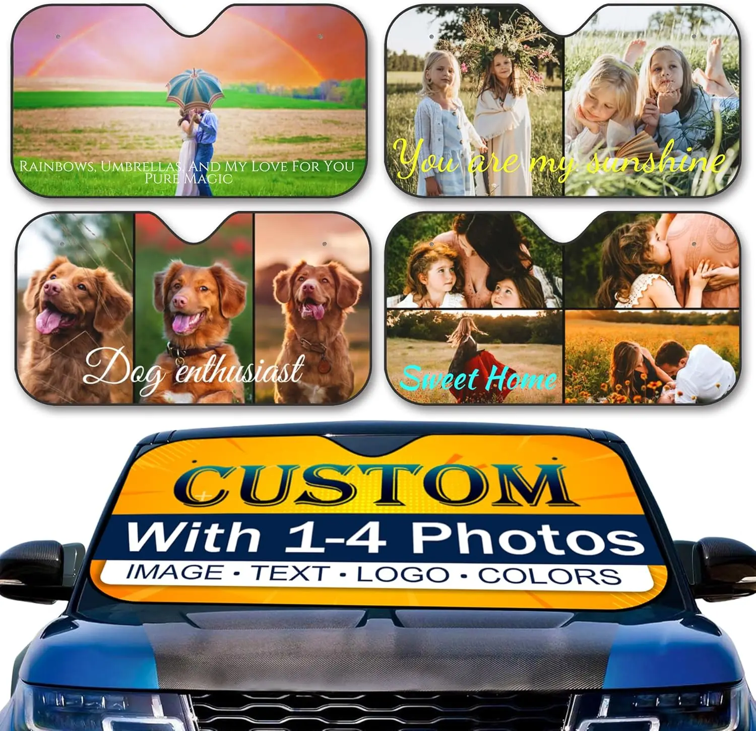 Car Windshield Sun Shade Personalized Sun Visor with 1-4 Photo Add Your Own Photo Logo Text Foldable Reflective Sun Shield UV Rays Protector for Sedans SUV Trucks (1 Photo, S)