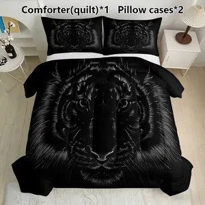 & Tiger Head Bedding Set, Includes 1 Comforter and 2 Pillowcases, Wild Animal Decor, Synthetic Fiber Material
