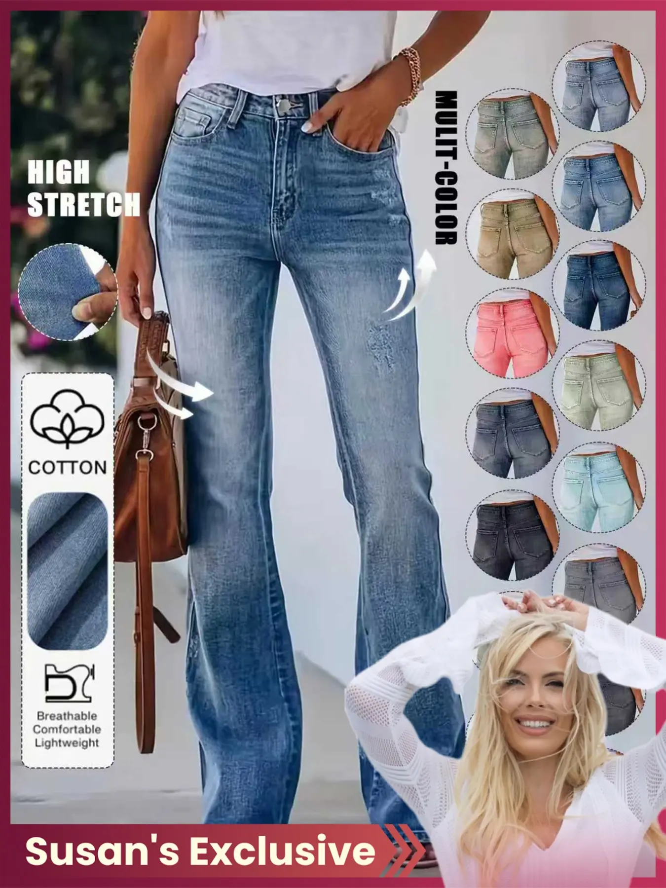【Susan's Exclusive】 Women's Gradient Color Fitted Denim Bell Bottoms, Casual Fashion Jean Pants with Pockets, Natural Waist, All Seasons Wear