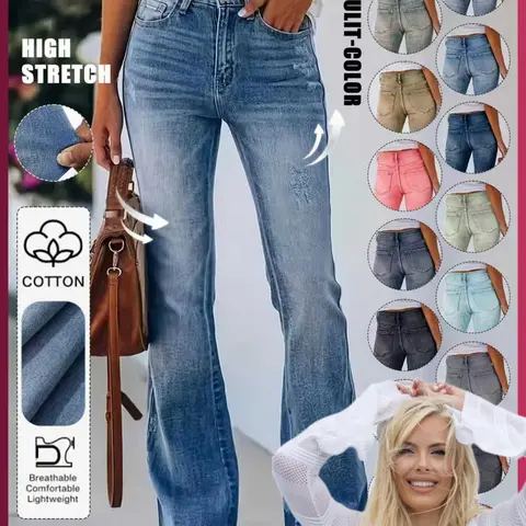 【Susan's Exclusive】 Women's Gradient Color Fitted Denim Bell Bottoms, Flared Denim Jeans, Casual Fashion Jean Pants with Pockets, Natural Waist, All Seasons Wear