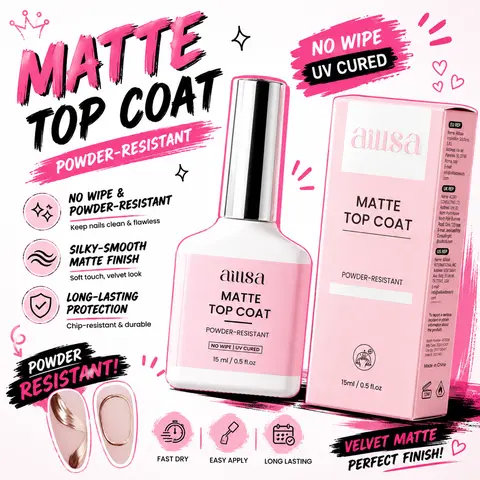 AILLSA 15ml Matte Gel Top Coat - Powder-Resistant No-Wipe UV-Cured Nail Polish for Chrome Art, Cleaner Lines, DIY Enthusiasts, TikTokShopBackToSchool Sohochic, French Styles