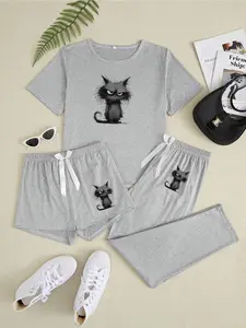 Women's Cartoon Face Cat Print Sleepwear Set, Fitted Casual Pajamas for All Seasons, Comfortable Nightwear for Women