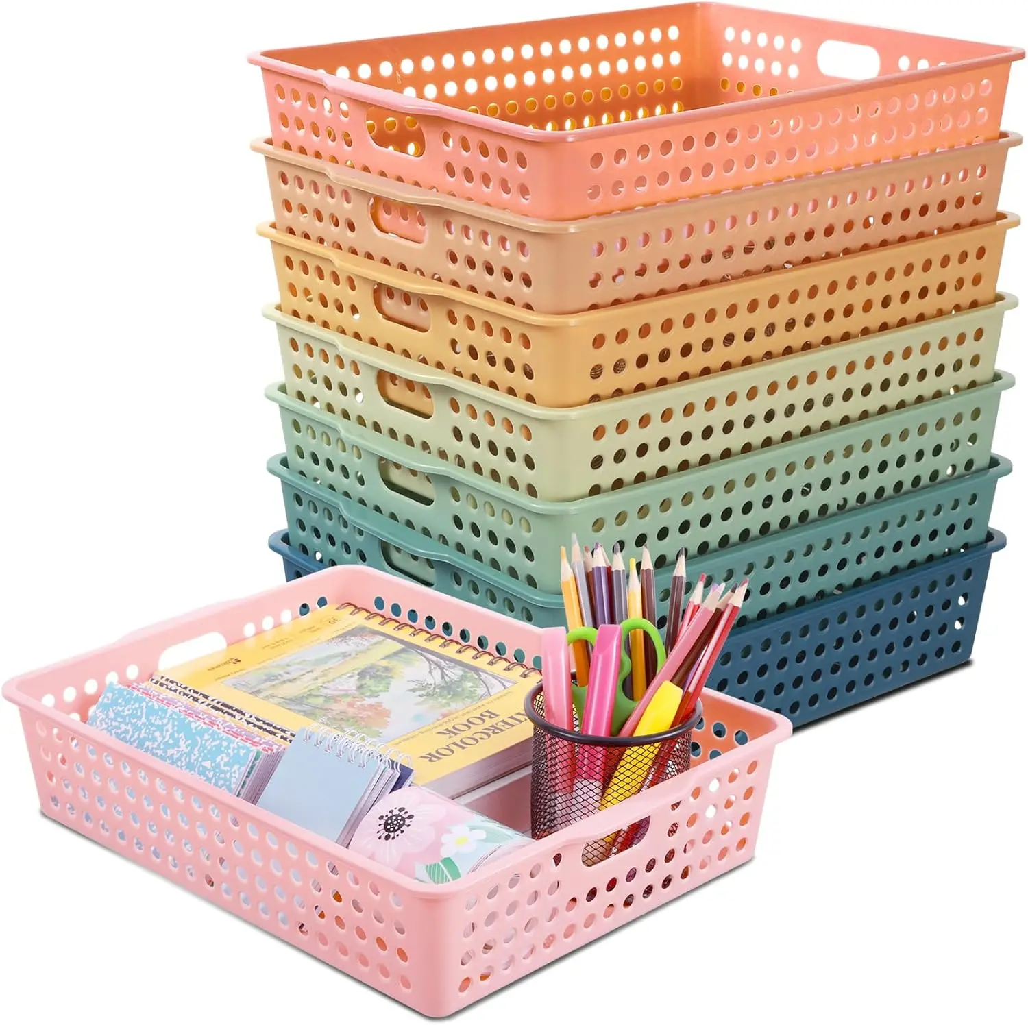 8 Pack Boho Plastic Turn in Paper Trays for Classroom Storage Bin Basket Organizers for School Teacher Supplies Classroom Office Home Organization and Storage Tray Holds 4A Paper File