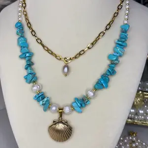 Healing Crystal Turquoise and Pearl Necklace with Opening Shell Locket, Ocean Inspired Keepsake Jewelry, Gift for Her,  Beach Vibe