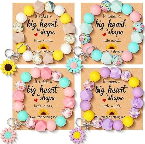 4 Pcs Durable Synthetic Beaded Silicone Bead Wristband Keychains with 7-in Wristlet, Casual Clip, Motivational Quote Card, Easy-to-Carry Teacher Gifts for Valentine, Birthday