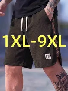 Summer Men's Plus Size Fashion Casual Shorts, Side Patched Webbing, Hemmed Legs, Trendy Velveteen, Ideal for Beach Vacation