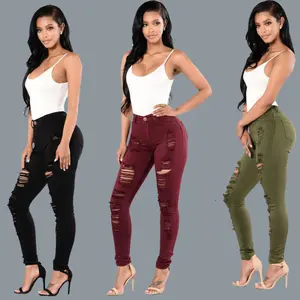 Women's ripped knee jeans, slim-fit multi-color skinny pants, women's long pants