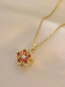 Rotating Floral Design Charm Necklace for Women, Summer Rhinestone Decor, Party Daily Holiday Clothing Accessory, Minimalist Elegant Jewelry Gift, Fashion Necklace