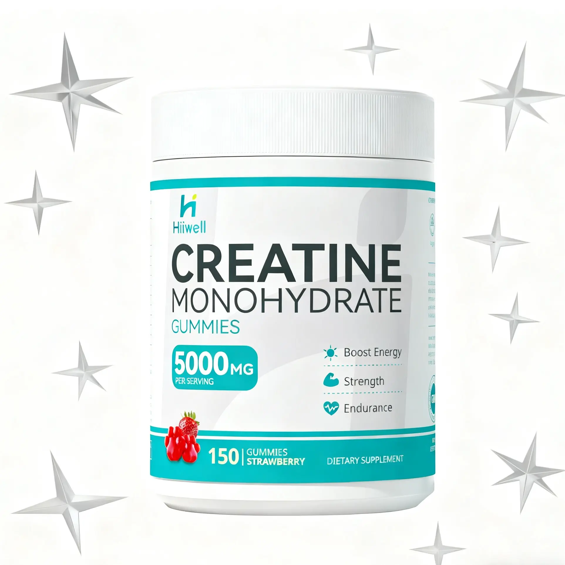 Hiwell Edible Chewable Creatine Monohydrate Gummies - 5000mg per Serving, 150 Pieces Strawberry Mix Vegan Dietary Supplement with L-Carnitine, Vitamin B6 & B12, Boosts Energy & Strength, Portable for Women, Third-Party Test