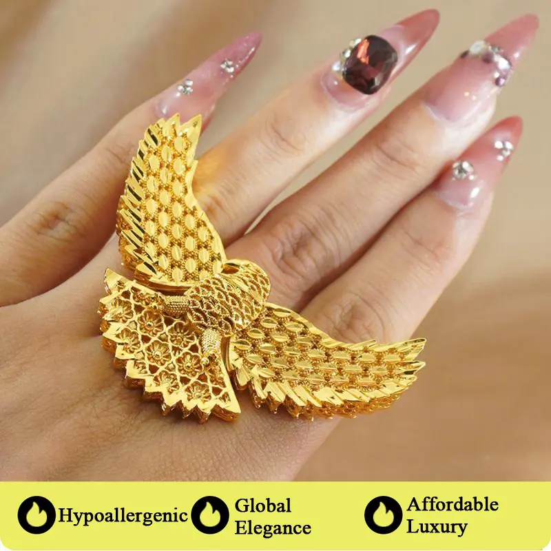 Unisex Elegant Exaggerated Dubai-Style Eagle Signet Ring, African Fashion Adjustable Chunky Copper Ring with Metal Coating, Hypoallergenic Open-Wing Costume Jewelry Accessory, Elegant Hip Hop Ring