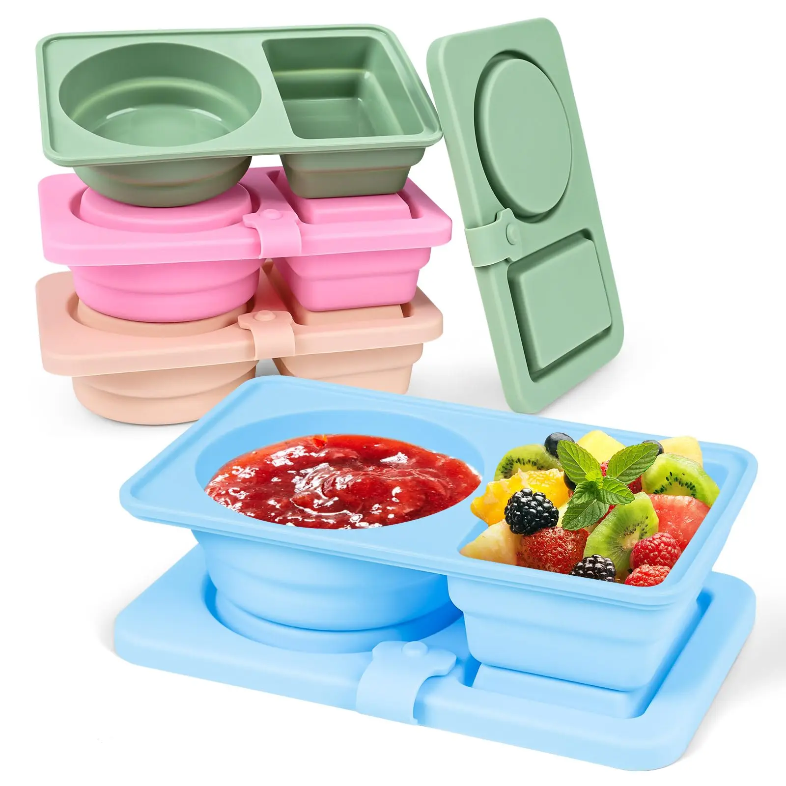 4-pack Silicone Reusable Snack Containers With Lids | Double Compartment Leak-proof Bento Boxes For Sauce  Condiments & Fruits Portable Small Food Storage Office Travel Picnic