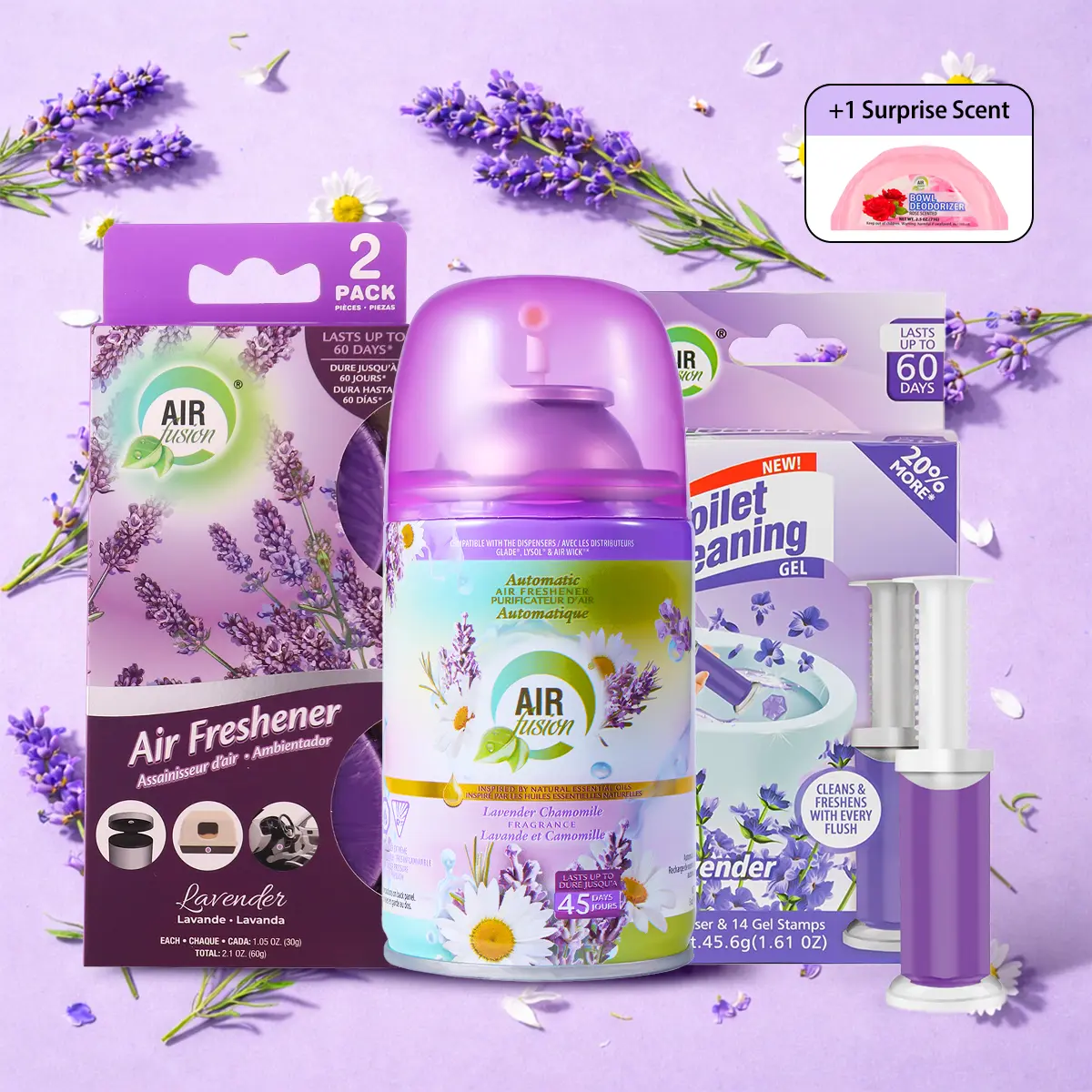 Air Fusion Lavender Calm Fragrance Bathroom Care Bundle - 3-Piece Automatic Odor Elim. Freshener Set with To-Go Spray, Compact Twist Gel, Toilet Gel Stamp, Save 10%