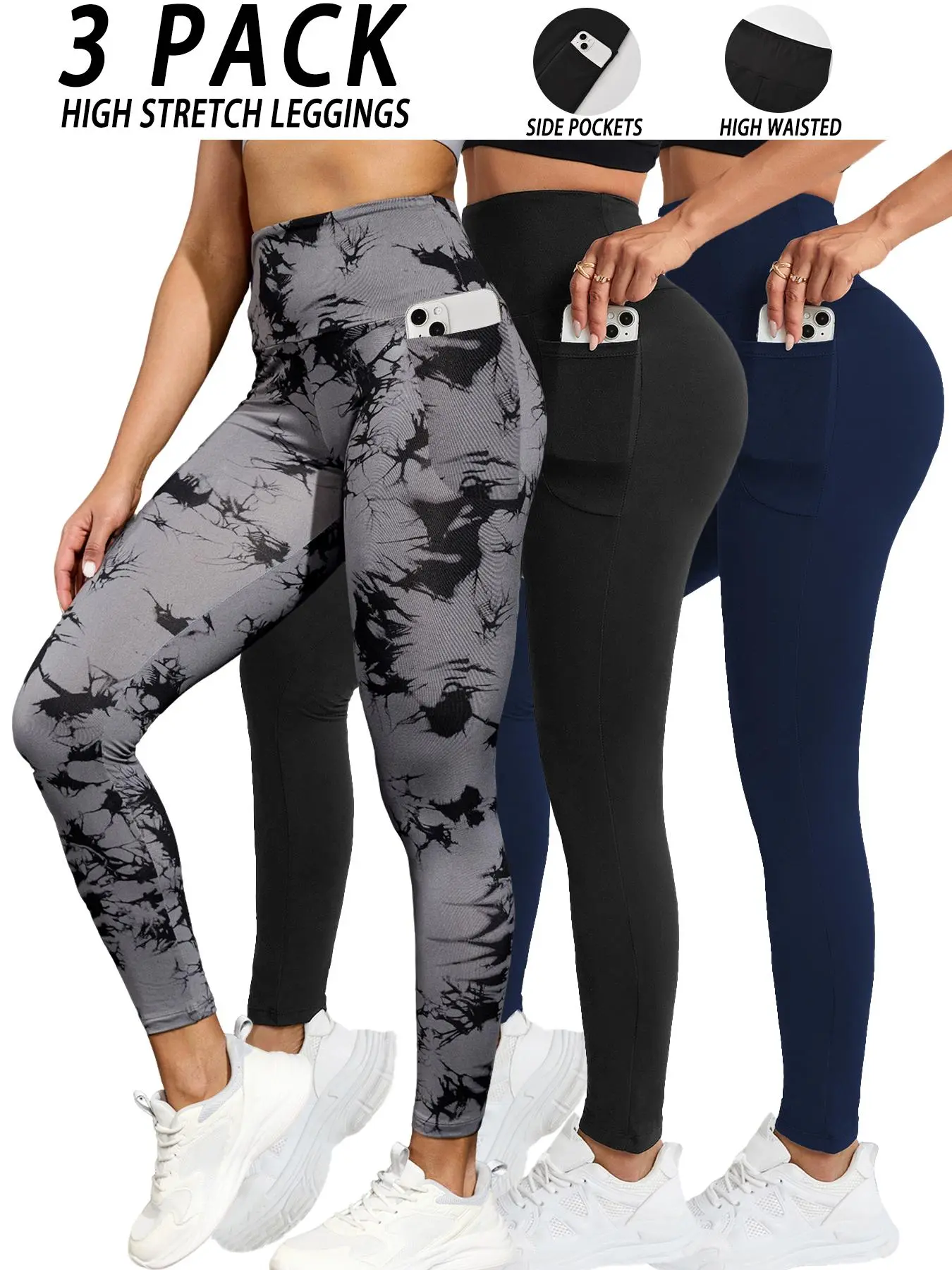 3 Pack Super Soft Leggings with Pockets for Women, Skinny Sports Gym Workout Leggings, Yoga Bottoms, High Waisted Tummy Control Pants, Perfect for Yoga and Running, Comfortable Women's Clothing, Fitness Clothes