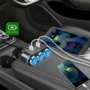 Car Cigarette Lighter Adapter with Splitter, 3-Port Socket & LED Ring Lighting, Dual USB Fast Charging Car Power Supply 12V, 70cm Extension Cable