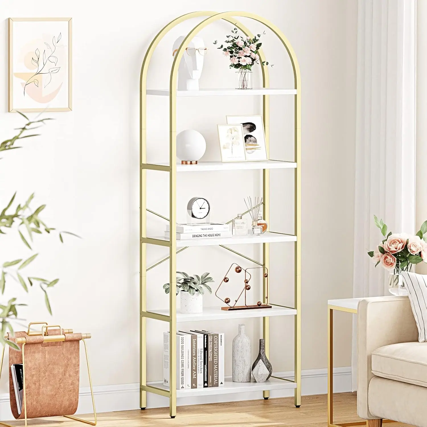 5-Tier Arched Bookshelf with Metal Frame Gold & White Marble Finish Tall Standing Bookcase for Bedroom Living Room Home Office, Gold