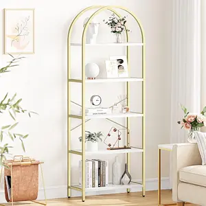 5-Tier Arched Bookshelf with Metal Frame Gold & White Marble Finish Tall Standing Bookcase for Bedroom Living Room Home Office, Gold