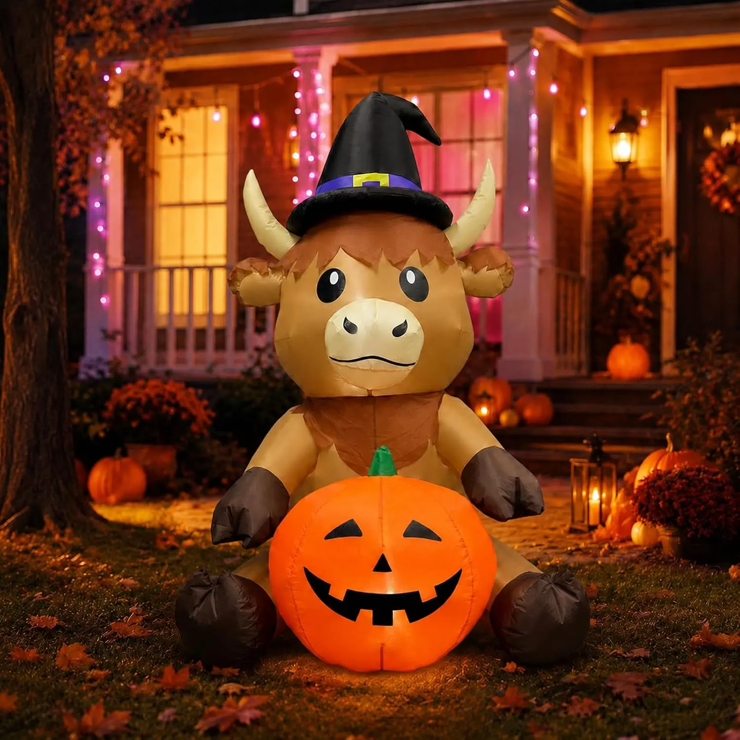 5FT Halloween Inflatable Witch Hat Highland Cow Holding Pumpkin Decorations Built-in LED Lighted Blow Up Decoration Home Yard Outdoor Indoor Garden Lawn Decorspooky season decor, spooky yard decor, halloween yard decor, halloween gift for him and her, 202