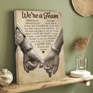 1pc Framed Canvas Poster "We're A Team Meeting You Is Destiny" - Romantic Couple Gift with Interlocked Hands & Heartfelt Poem, 11.8x15.7 Inch, High-Quality Canvas Wall Art for Living Room, Bedroom, Valentine's Day Decor