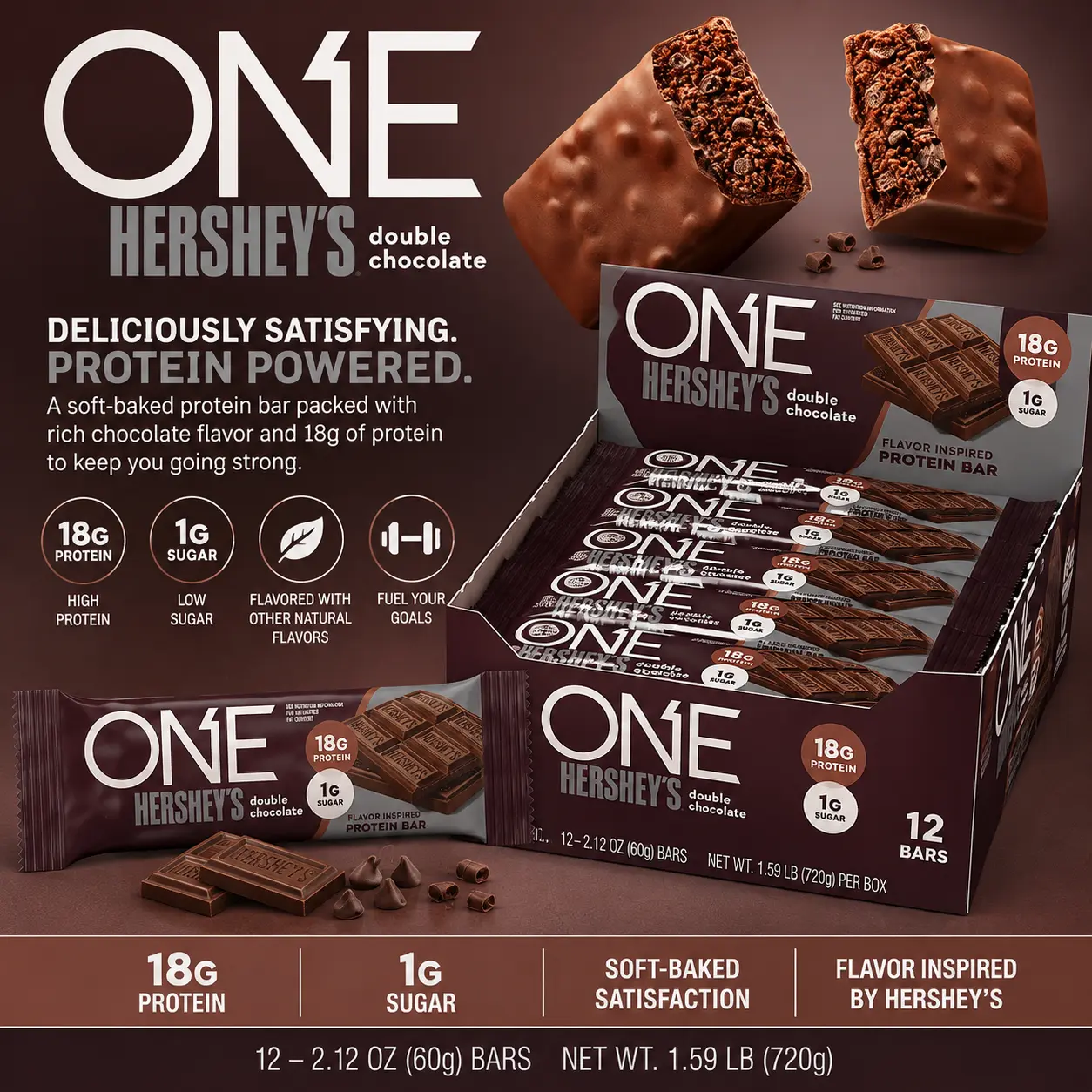 ONE Protein Bars Hersheys Double Chocolate 2.12 oz 12 Count High Protein Chocolate Snack Bars