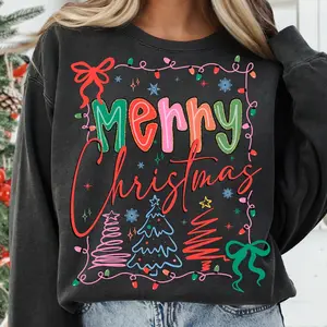 Christmas Coquette Sweatshirt, Preppy Merry and Bright Sweater, Bow Christmas Tree Shirt, Trendy Traditional Xmas Graphic Sweatshirt