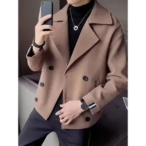 Solid Color Men's Short Trench Coat - Double-Breasted Fleece-Blend Jacket with Lapel Collar, Casual & Comfortable for Everyday Style Menswear Matching
