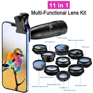 16x Long Distance Phone Camera Lens, High Quality Smartphone Lenses Kit, Fisheye+Macro Wide Angle+CPL lens+2x Telephoto+kaleidoscope Lens6+ kaleidoscope Lens3+ Star filter+Radial filter+Flow Filter , suitable for iPhone, Samsung, LG and most smart phone