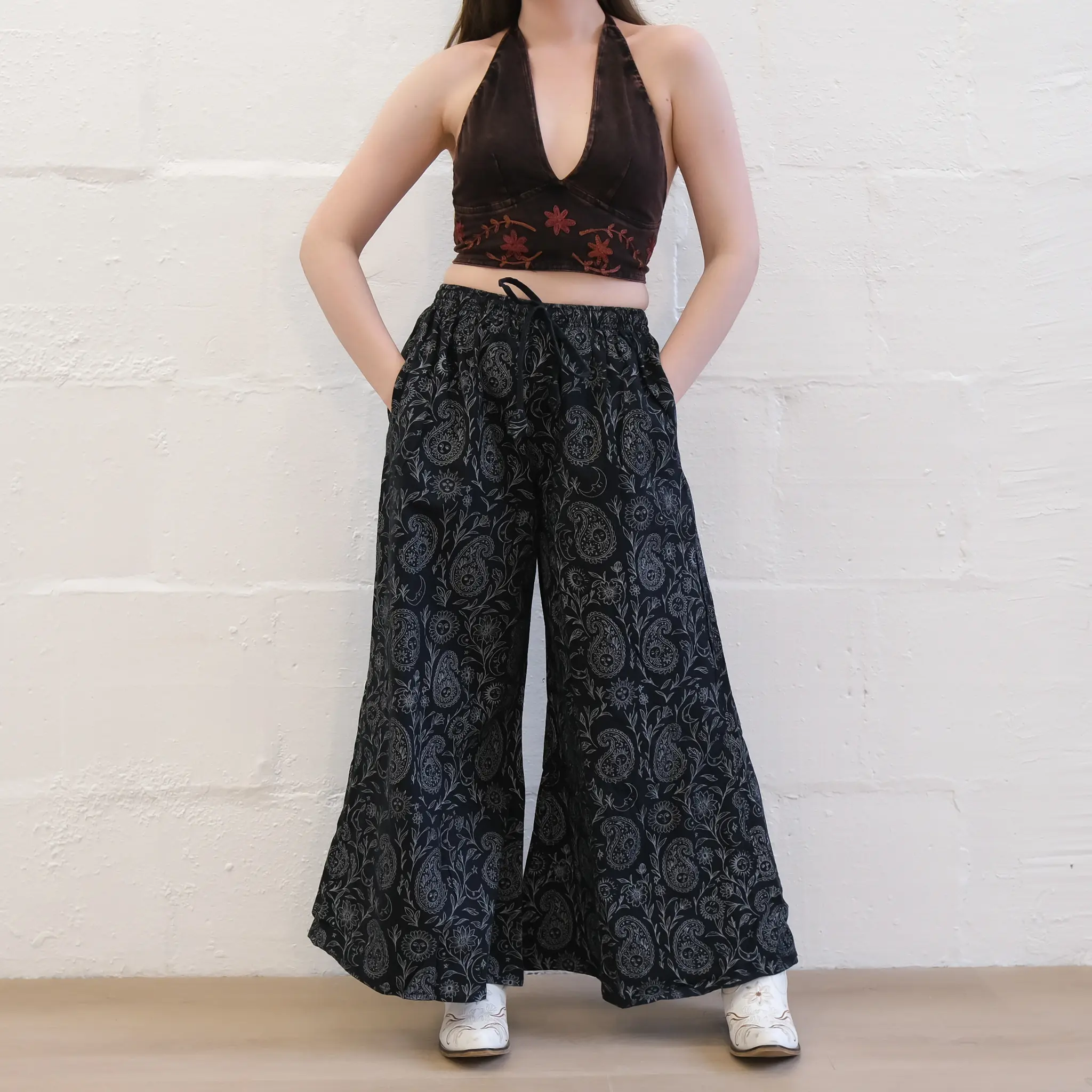 Flowy Paisley Boho Wide Leg Pants with Pockets, Bohemian Earthy Flare Pants, Hippie Festival Boho Pants, Cotton Celestial Palazzo Pants