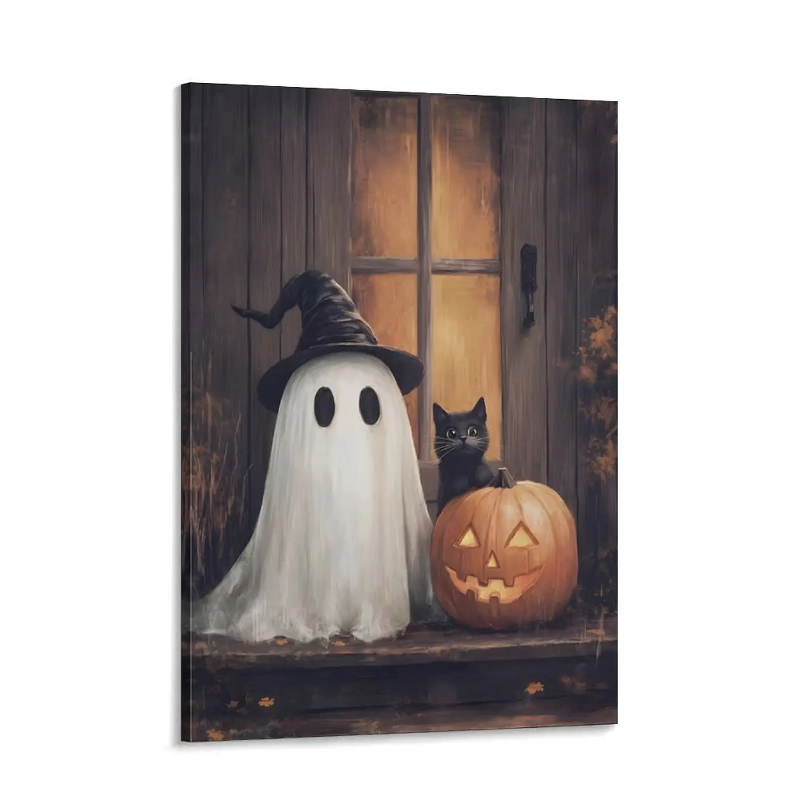 Halloween Canvas Wall Art, Cute Ghosts and Black Cats with Pumpkins, Frameless Dark Academia Poster for Bedroom and Home Decor, Spooky Halloween Decoration, Holiday Gift, Multiple Sizes