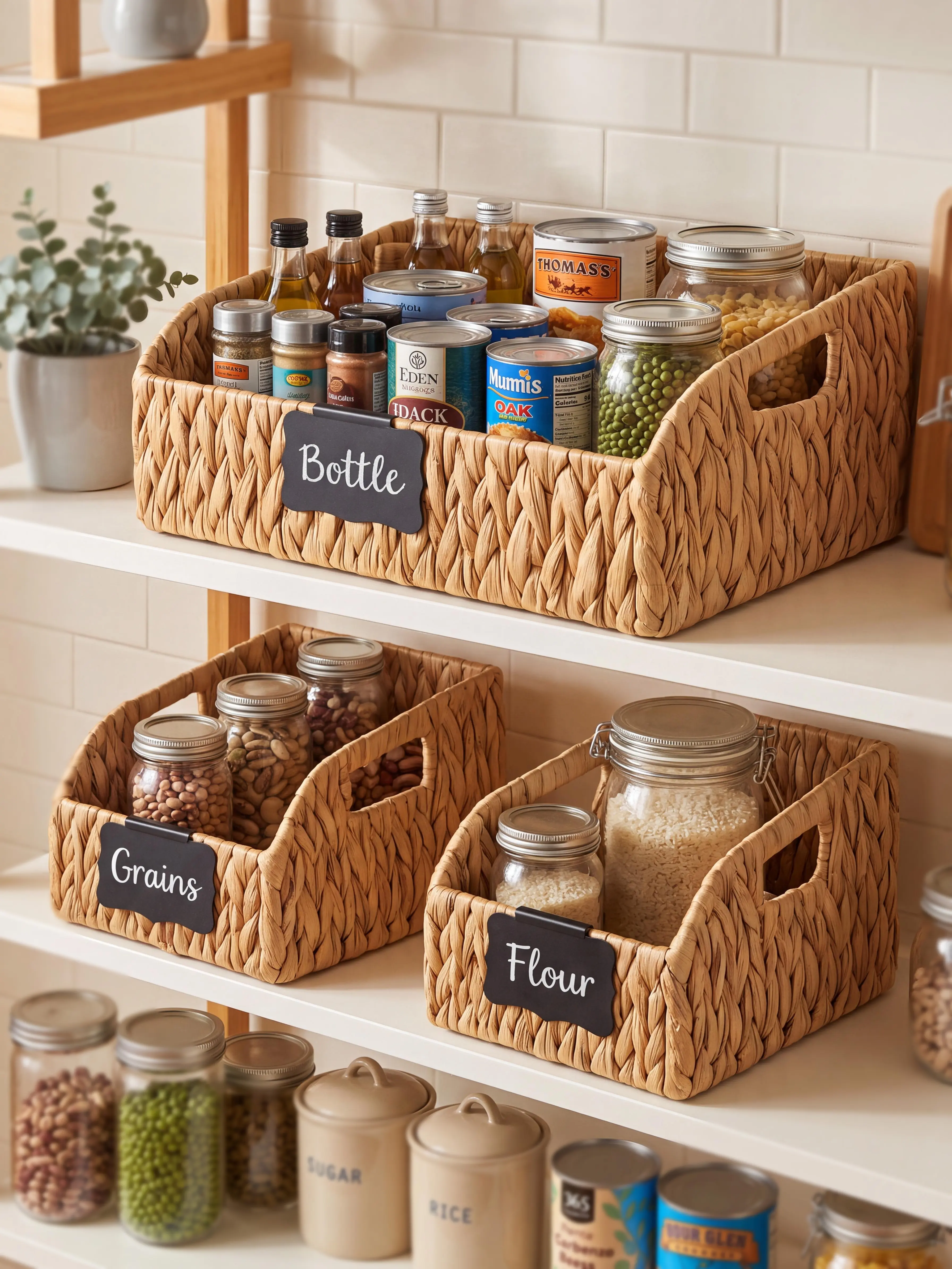 STYLAVE Handwoven 3 PACK Storage Baskets, Slanted Front Pantry Organizers with Handles and Chalkboard Labels, Water Hyacinth and Paper (Brown)，Natural Wicker Bins for Shelves, Kitchen, Closet, Bathroom and Laundry Room