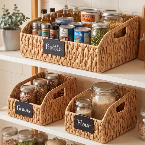 STYLAVE 3-Pack French Country Slanted Front Storage Baskets, 2 Sizes (1 Large + 2 Small) Degradable Eco-Friendly Water Hyacinth & Paper Rope Bins with Handles & Chalkboard Labels, Wicker Home Organizers for Kitchen Cabinet