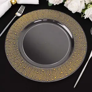 6-Pack Plastic Charger Plates 13" Round Clear with Gold Pearl Beaded Rim - Upscale Dinner Serving Plates