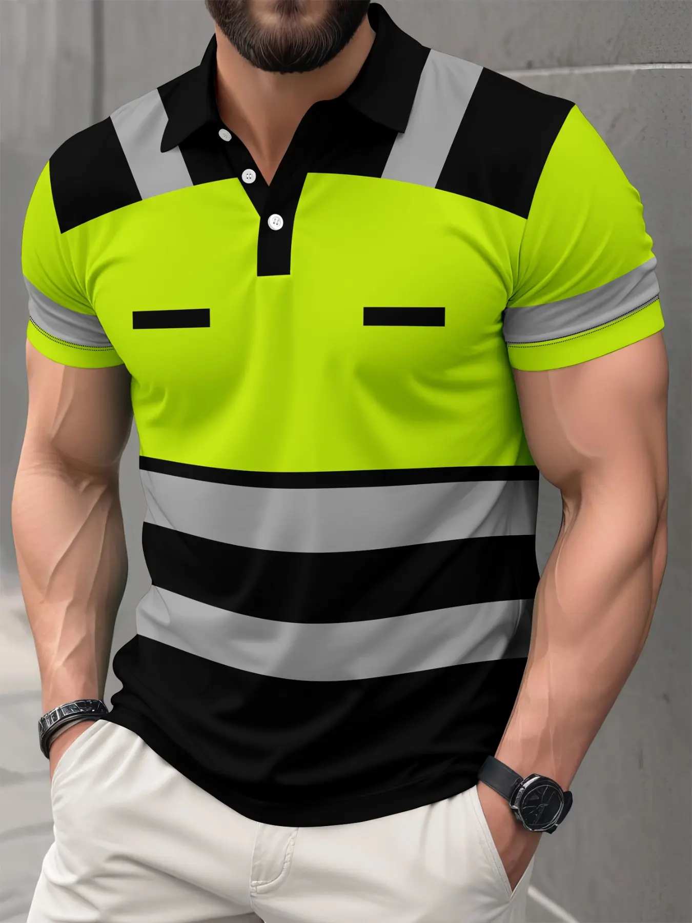 Men's Fluorescent Striped Short Sleeve Polo Shirt, Soft Breathable Casual Sport Daily Top, Sporty Polo Top, Comfortable and Stylish