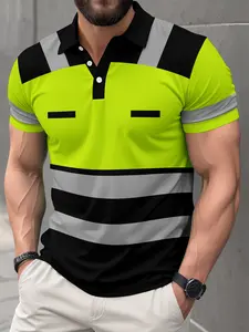 Men's Color Block Polo Shirt, Short Sleeve, Button Placket, Neon Yellow Black Stripe Design, Casual Slim Fit, Outdoor Summer Business Casual