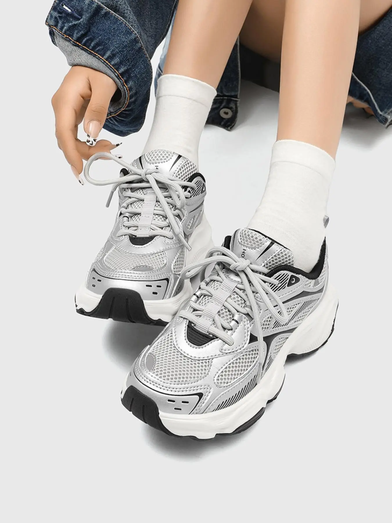 HOBIBEAR Women's Breathable Mesh Sneakers, Athletic Shoes, Casual Low Top Lace-Up Shoes, PU Leather Round Toe Running Sports Shoes for All Seasons