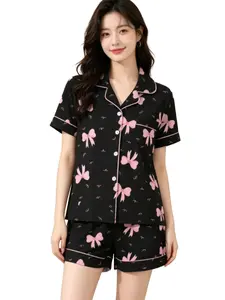Three-Piece Bow Print Pajama Set for Women, Open Front Short Sleeve Top, Shorts and Long Pants, Casual Home Wear, Loungewear, Nightwear, Lady, Pajamas Lounge Set, Homewear, Pjs, Womenswear, Style, Everyday
