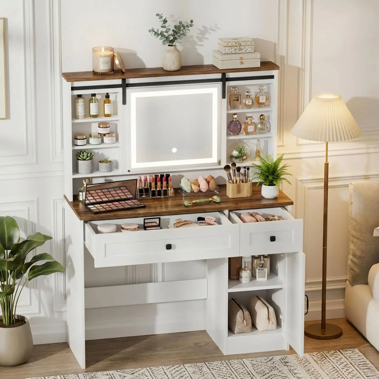 Oakault Sturdy Farmhouse Makeup Vanity Desk - Vanity with Sliding LED Light (Adjustable Brightness) Mirror, Dresser with Power Outlet, 2 Drawers, Shelves, Storage & Dresser Organization for Girl Bedroom (Mother's Day Gift Option)
