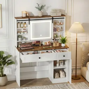 Oakault Farmhouse Vanity Desk with Sliding Mirror, Makeup Vanity with Power Outlet, 2 Drawers & Shelves, Rustic Vanity Set with Lights Adjustable Brightness for Bedroom, White