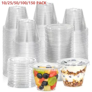 9oz Transparent Plastic Cup, Flat Lid No Hole, Reusable Dessert Cup, Ice Cream, Pudding, Cake, Snacks, Milkshake, Cold Drink, Plastic Clear Cups