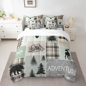 Feelyou Boys 7-Piece Fluffy Microfiber Bedding Set - Deer, Bear, Moose, Elk Adventure Themed Comforter, Fitted Sheet, Flat Sheet, Pillow Cases, Throw Pillow Covers, Soft Cozy Blanket