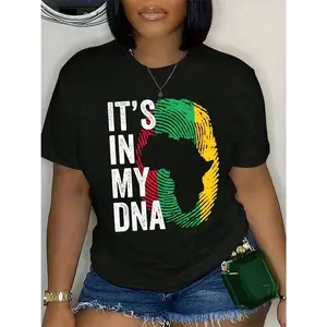1pc Juneteenth Women' S Africa Fingerprint Print Black TShirt, Crew Neck, Casual Cotton Tee Medium Stretch Knit Fabric, Regular Fit For Female Ladies For Spring/ Summer/ Fall Independence Day, Black History Month,